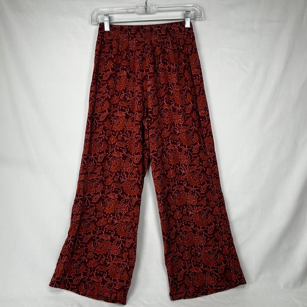 Burgundy Red Floral Paisley Print Viscose Wide Leg Pants Women's Size Small